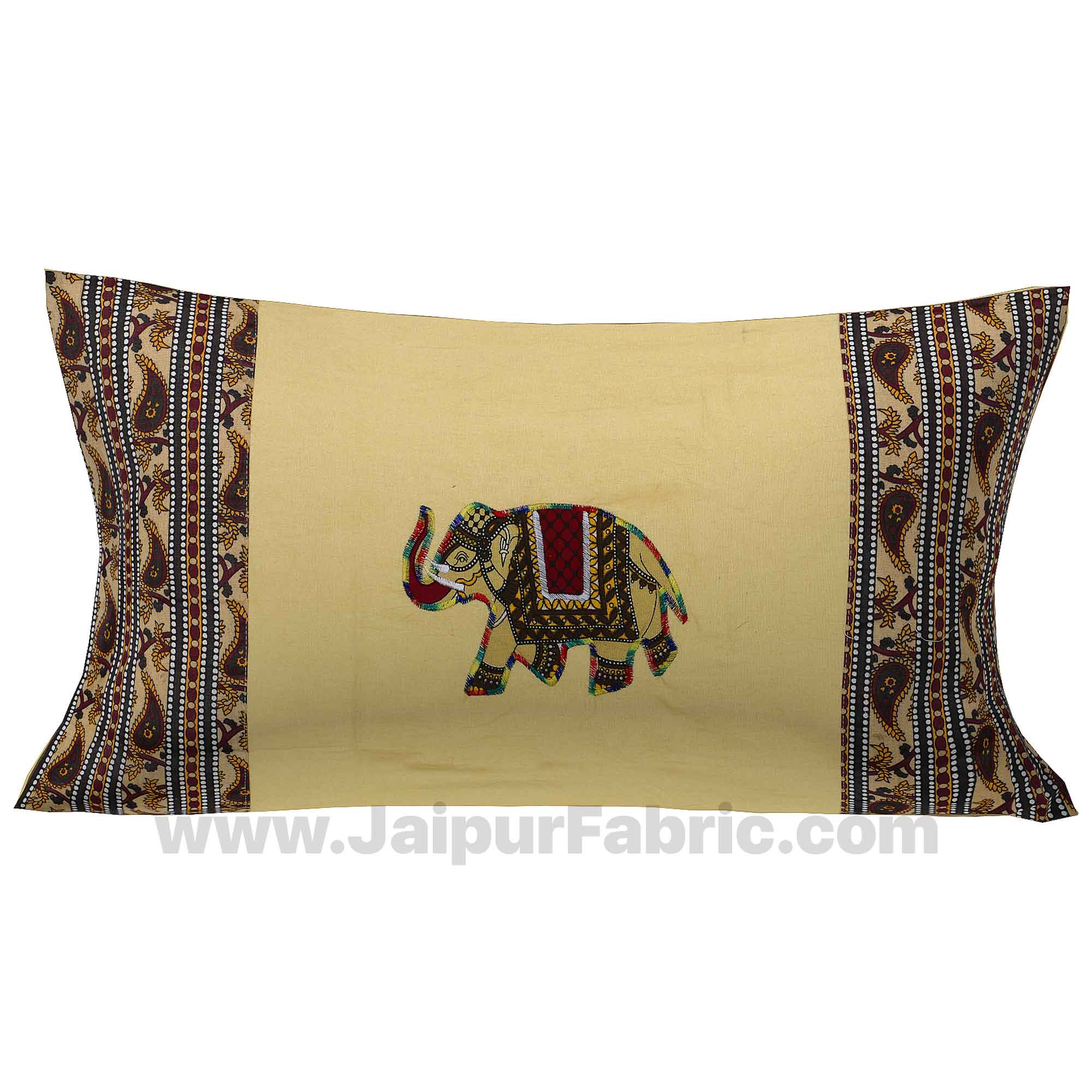Applique Cream Elephant Jaipuri  Hand Made Embroidery Patch Work Single Bedsheet