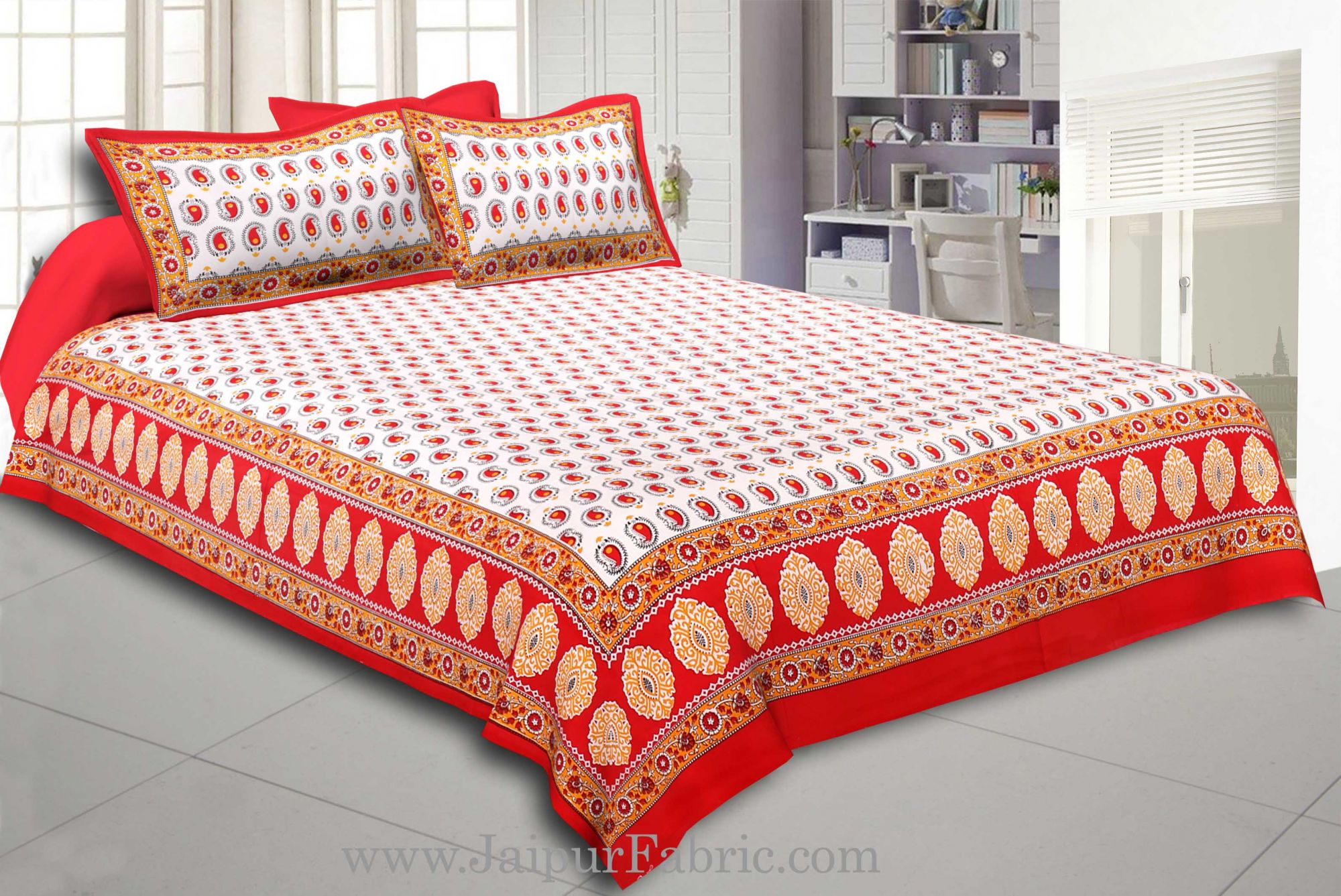 Orange Border With  Boota  White Base With Small Kerry Print Cotton Double Bed Sheet