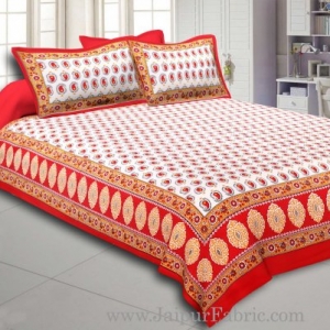 Orange Border With  Boota  White Base With Small Kerry Print Cotton Double Bed Sheet
