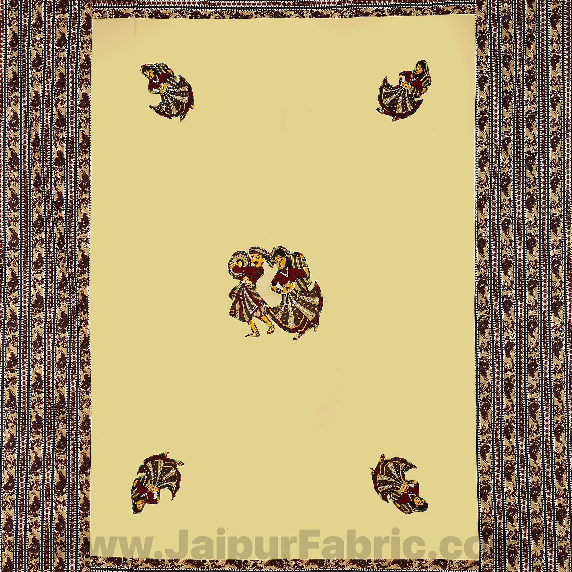 Applique Cream Rajasthani Dance Jaipuri  Hand Made Embroidery Patch Work Single Bedsheet