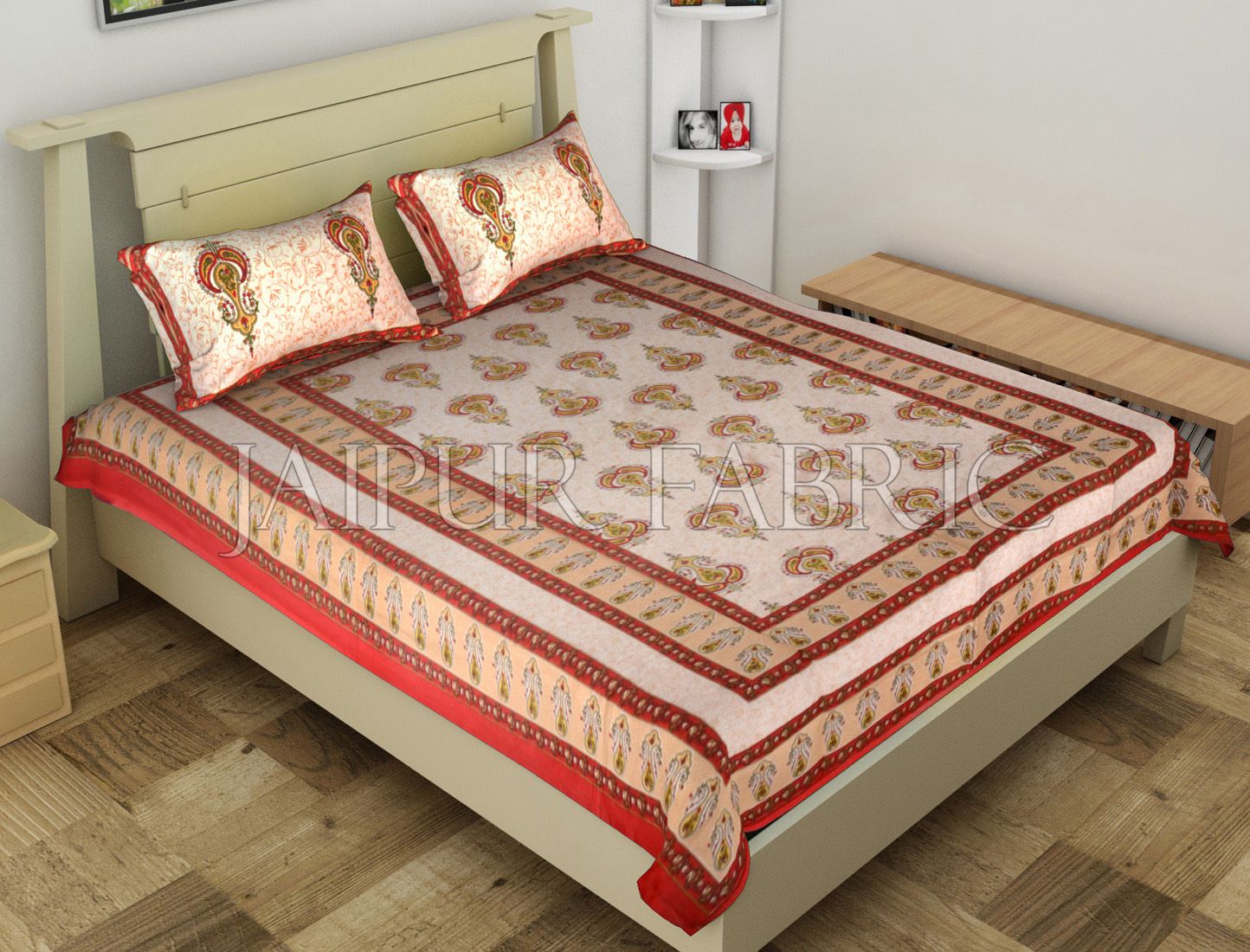 Red Jaipuri Keri Printed Cotton Single Bed Sheet