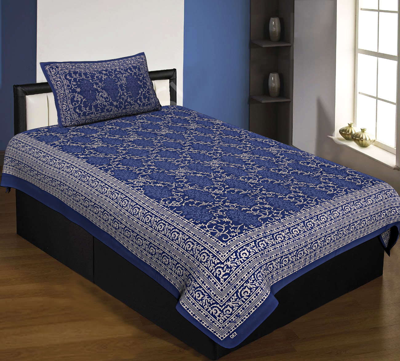 Floral Single Bedsheet Royal Blue with 2 Pillow Covers