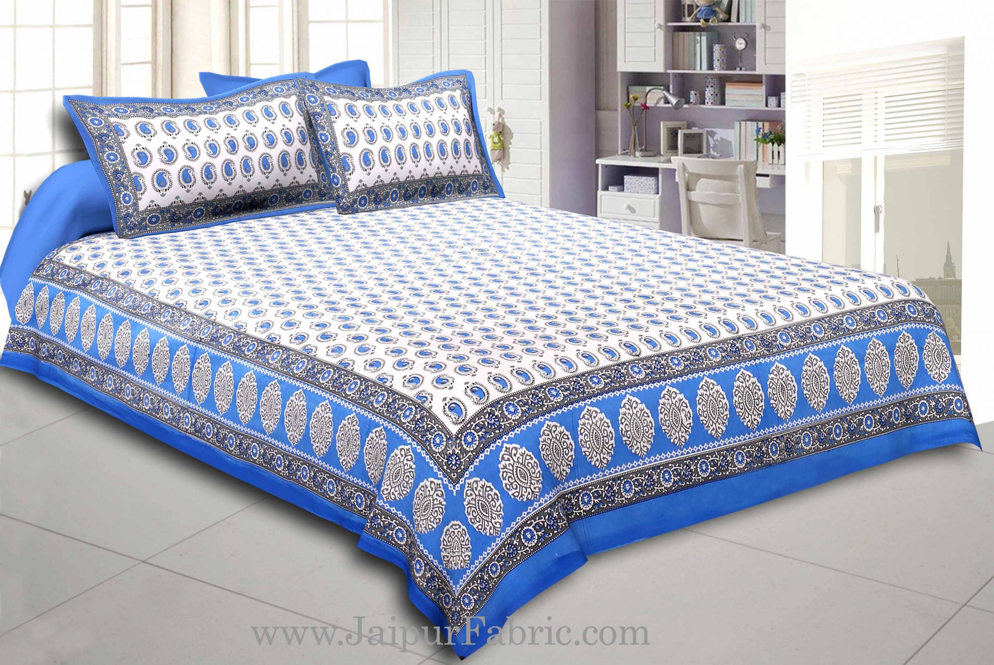 Blue Border With  Boota  White Base With Small Kerry Print Cotton Double Bed Sheet