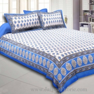 Blue Border With  Boota  White Base With Small Kerry Print Cotton Double Bed Sheet