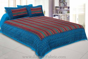 Double Bedsheet Katha Work Sea Green Border  Zig-Zag Print With Two Pillow Cover