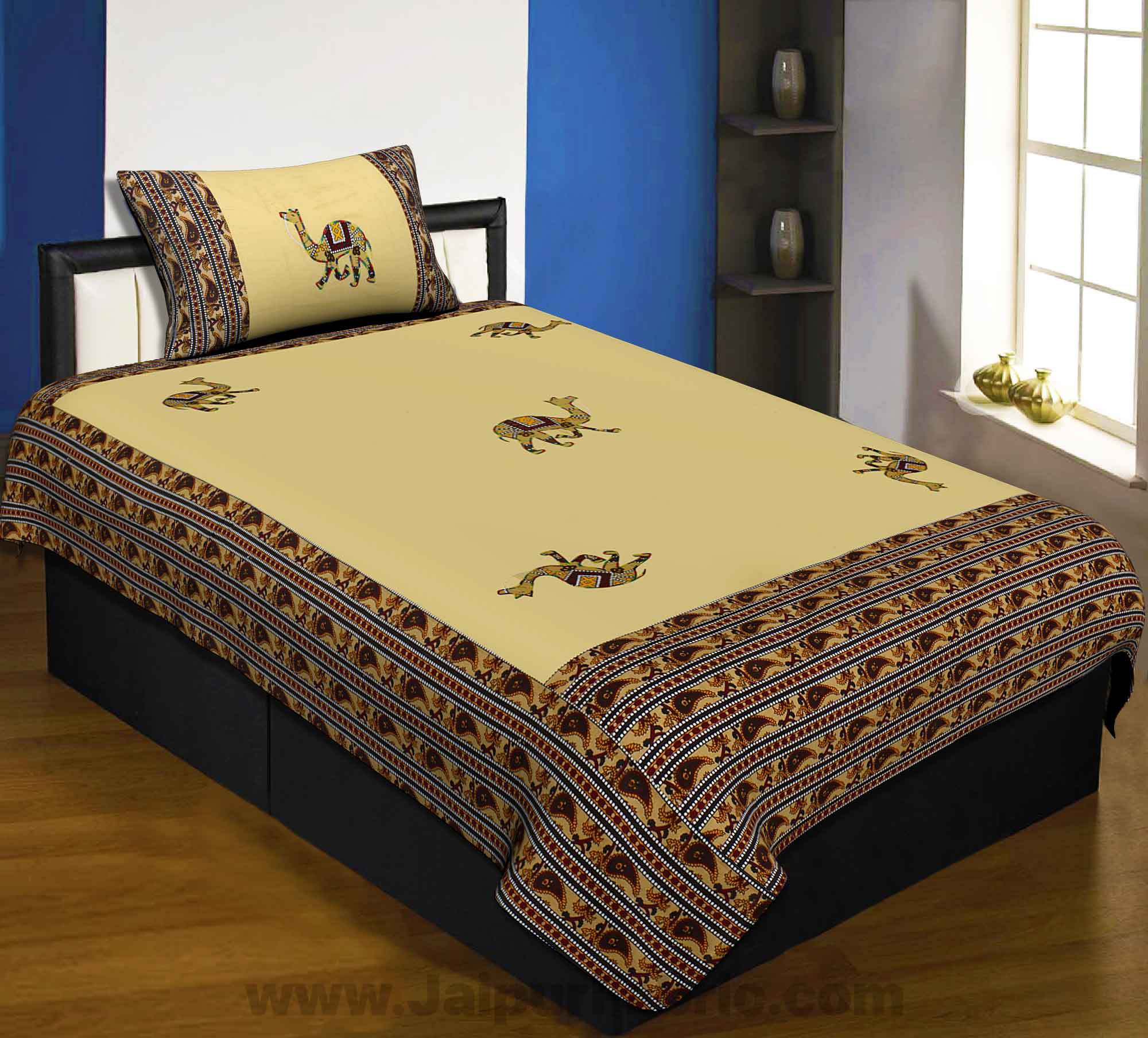 Applique Cream Camel Jaipuri  Hand Made Embroidery Patch Work Single Bedsheet