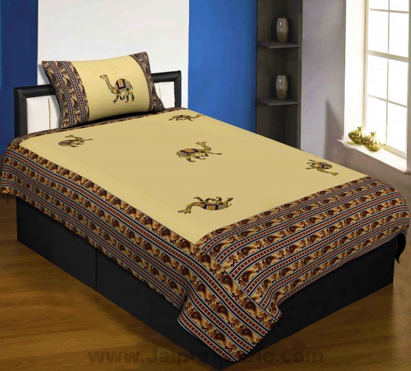 Applique Cream Camel Jaipuri  Hand Made Embroidery Patch Work Single Bedsheet