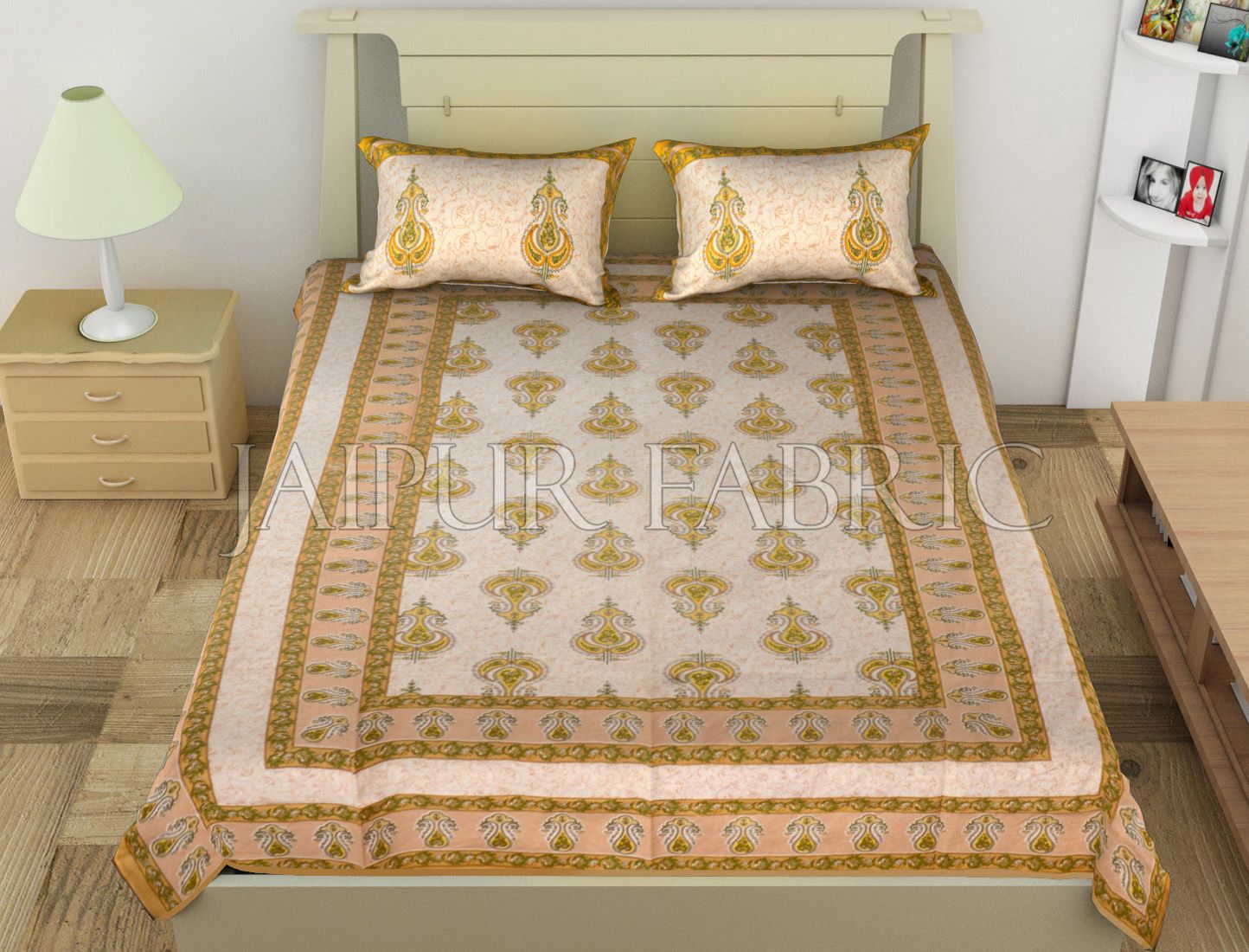 Beige Jaipuri Keri Printed Cotton Single Bed Sheet