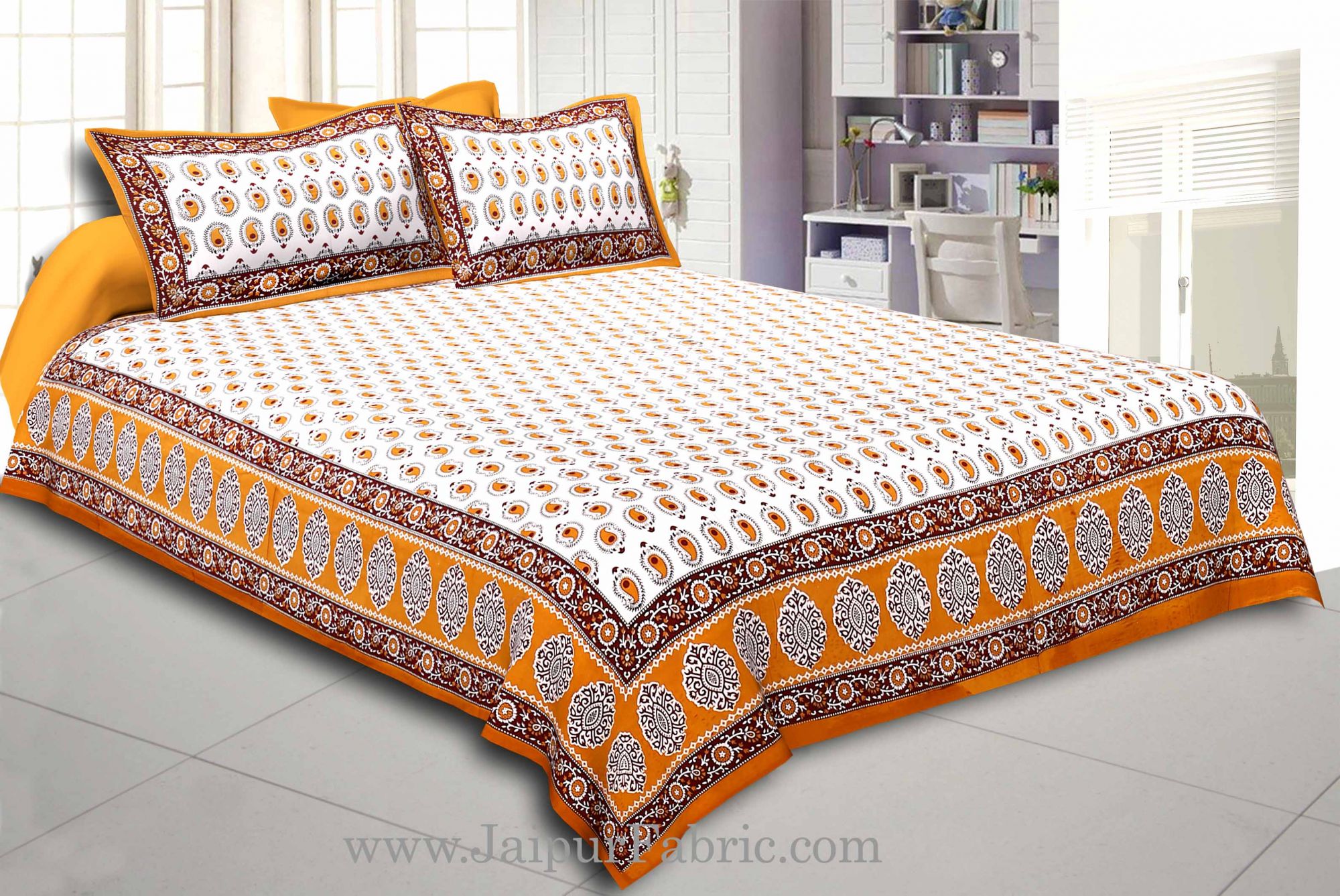 Brown Border With  Boota  White Base With Small Kerry Print Cotton Double Bed Sheet