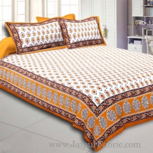 Brown Border With  Boota  White Base With Small Kerry Print Cotton Double Bed Sheet