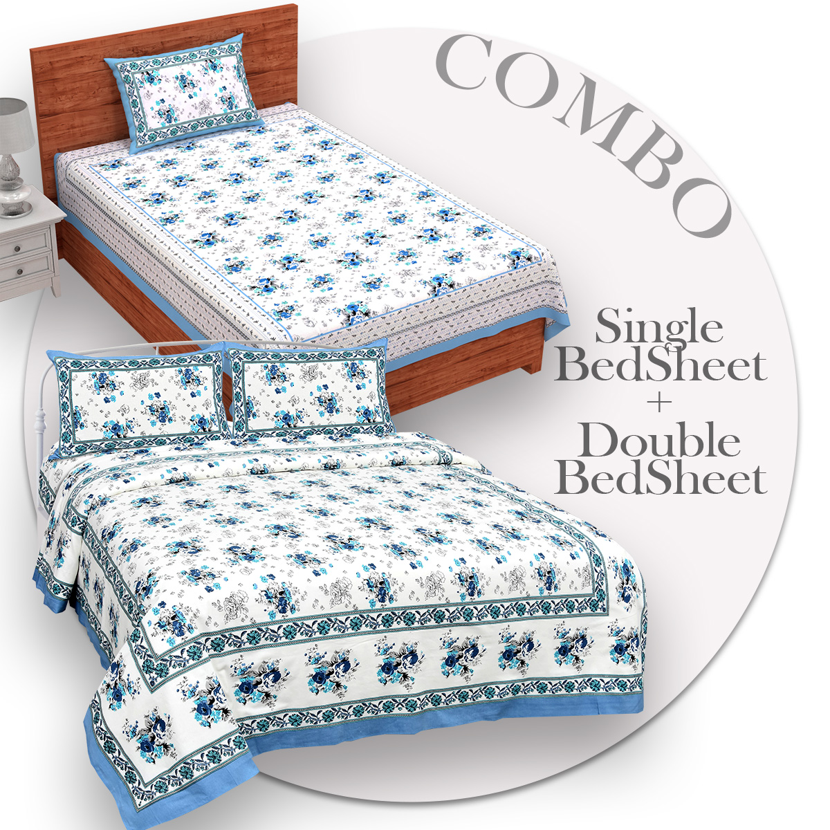 COMBO368 Beautiful Blue Colour Combo Set of 1 Single and 1 Double Bedsheet With 3 Pillow Cover