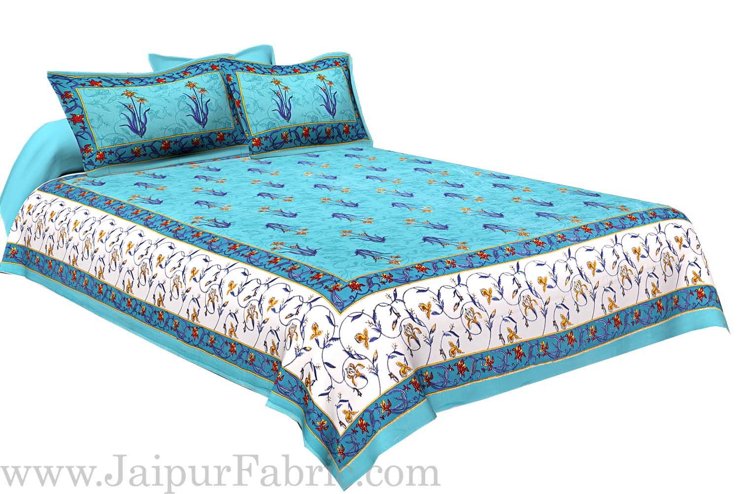 Sea Green And Cream Border With Sea Green Base With  Small Mughal Print Cotton Double Bedsheet