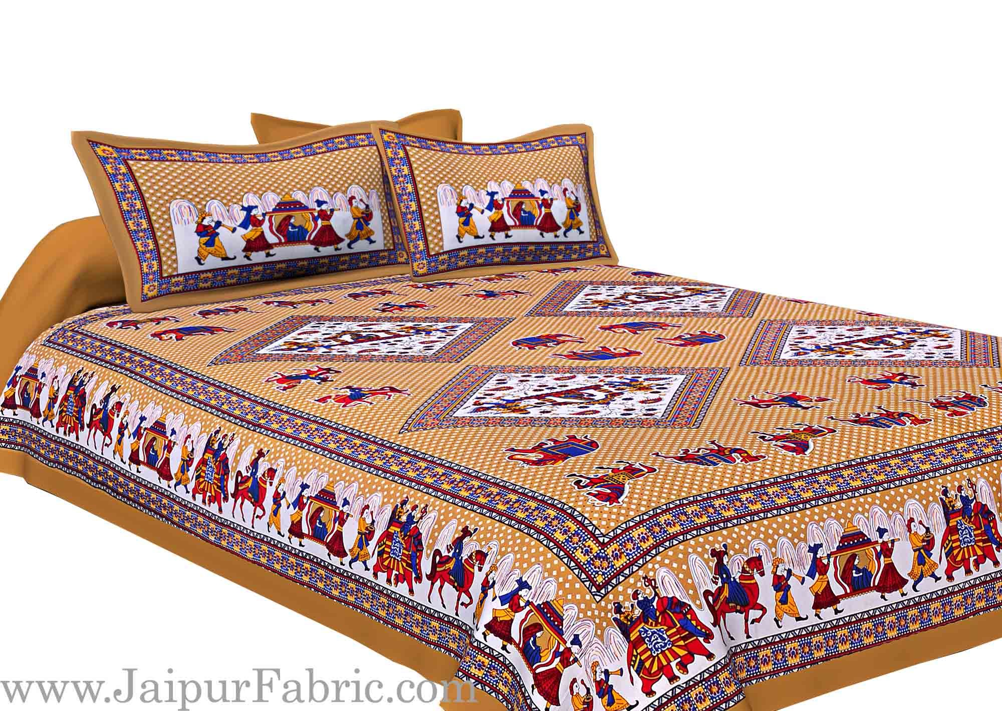 Brown base Jaipur doli design  with elephant Print Double Bed Sheet and Pillow Covers