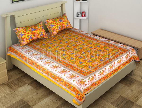 Yellow Elephant and Tropical Printed Rajasthani Cotton Single Bed Sheet