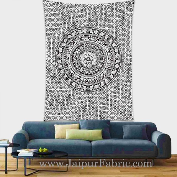 Black and White Tapestry with concentric circle mandala design wall hanging and beach throw 90x60