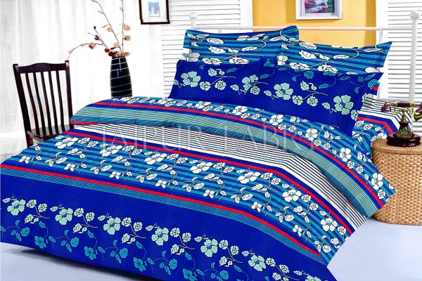 Blue and Black Slanting Stripe and Floral Print King Size Cotton Bed Sheet