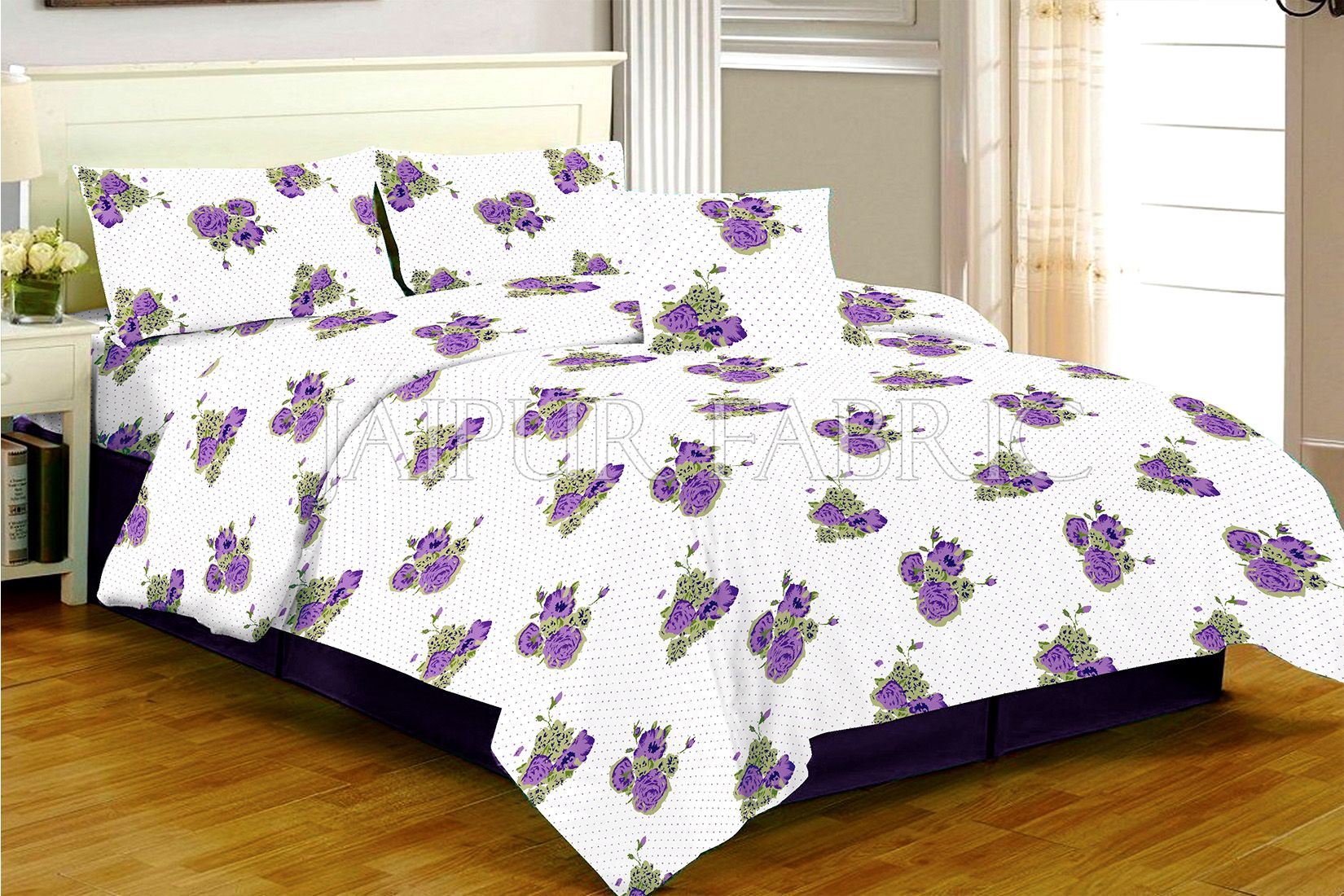 White Base Purple Flower Dotted Print Double Bed Sheet