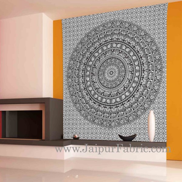 Black and White Tapestry with concentric circle mandala design wall hanging and beach throw 95x85