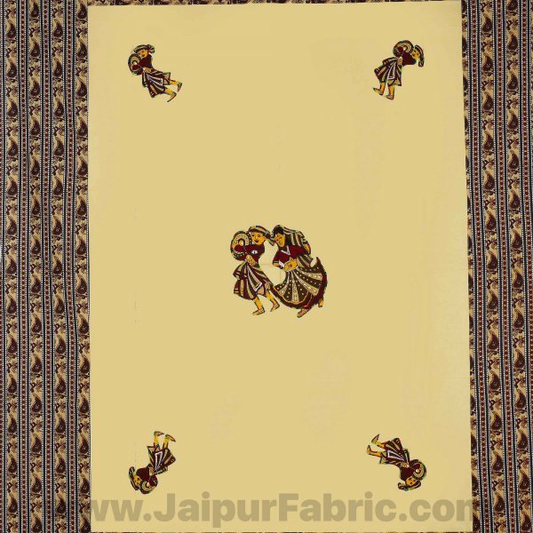 Applique Cream Chang Dance Jaipuri  Hand Made Embroidery Patch Work Single Bedsheet