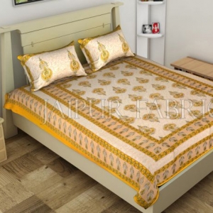Beige Jaipuri Keri Printed Cotton Single Bed Sheet