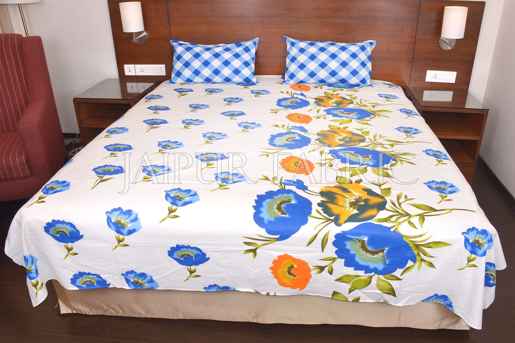 Blue Checkered Plaid Pattern Double Bed Sheet