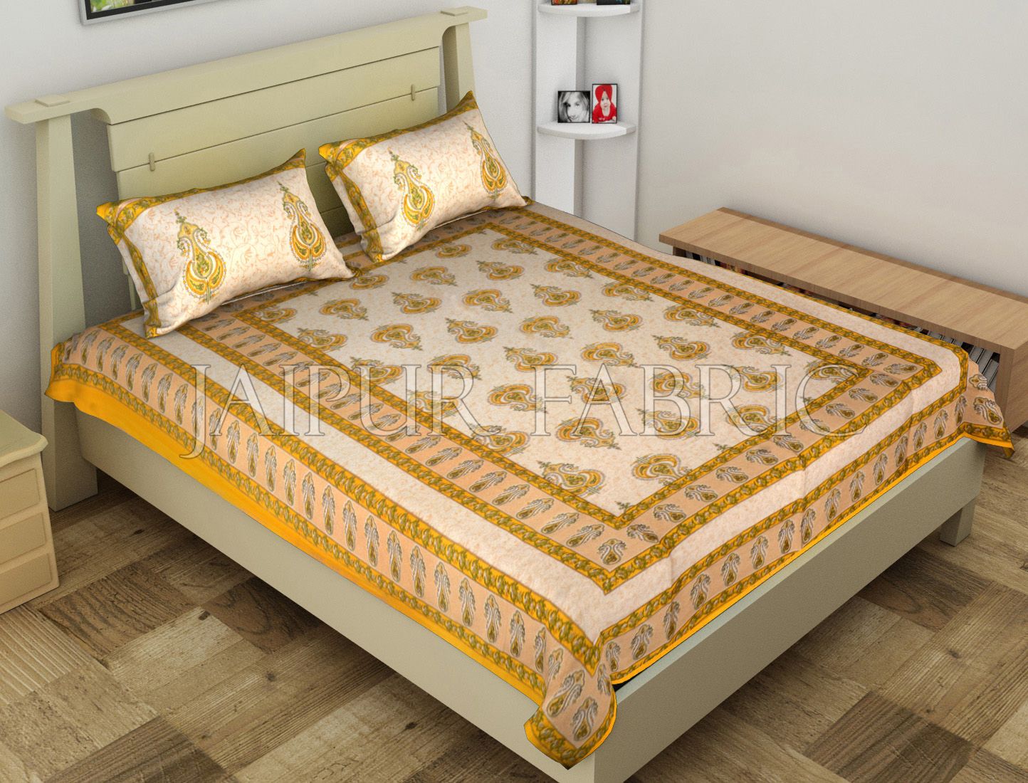 Yellow Jaipuri Keri Printed Cotton Single Bed Sheet