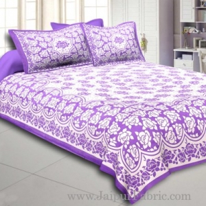 Purple Border Purple Base White Lotus Print Cotton Double Bed Sheet