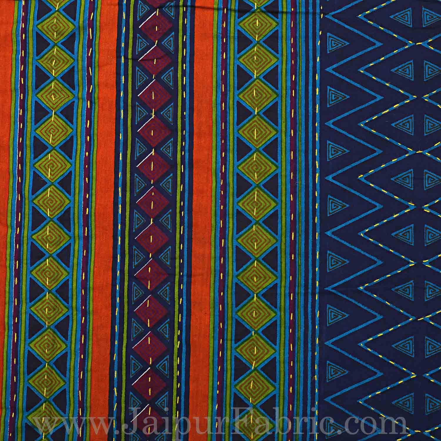 Katha Work Double Bedsheet Blue Border Ziz-Jaz Print