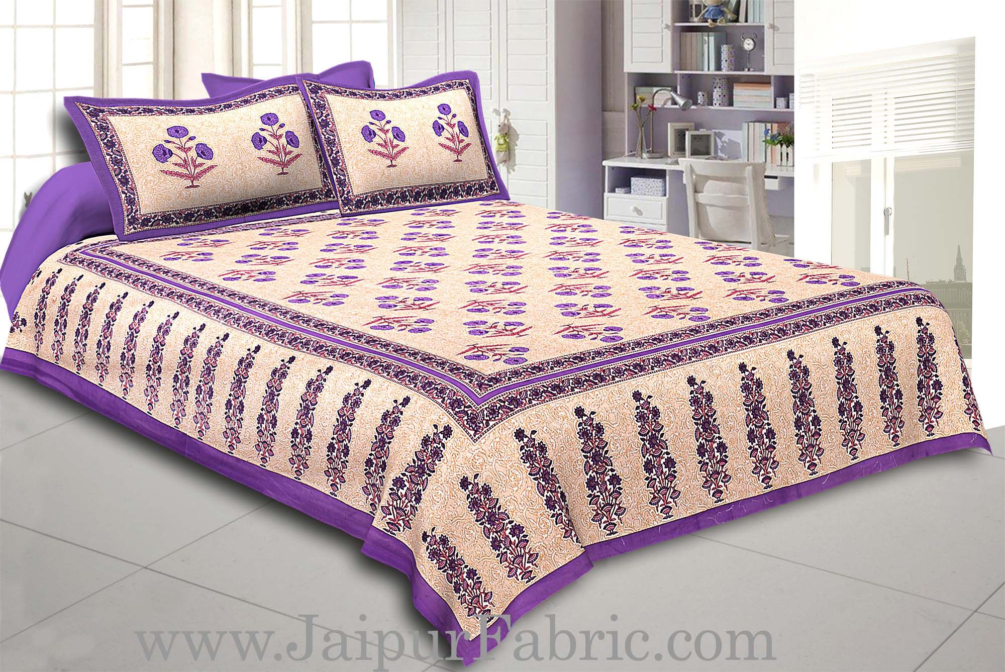 Purple Border Long Gamla cream base purple flower cotton double bedsheet