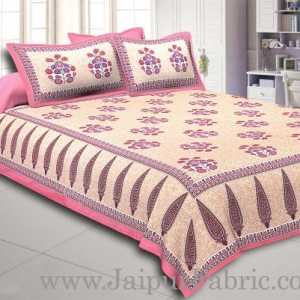 Pink Border long leaf cream base with pink flower bunch pattern cotton double bedsheet