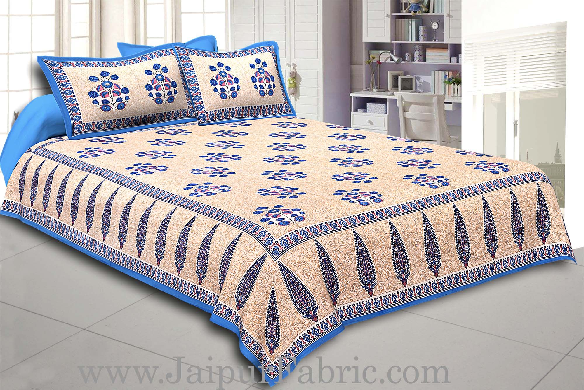 Blue Border long leaf cream base with blue flower bunch pattern cotton double bedsheet