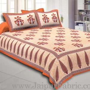Brown Border long leaf cream base with brown flower bunch pattern cotton double bedsheet