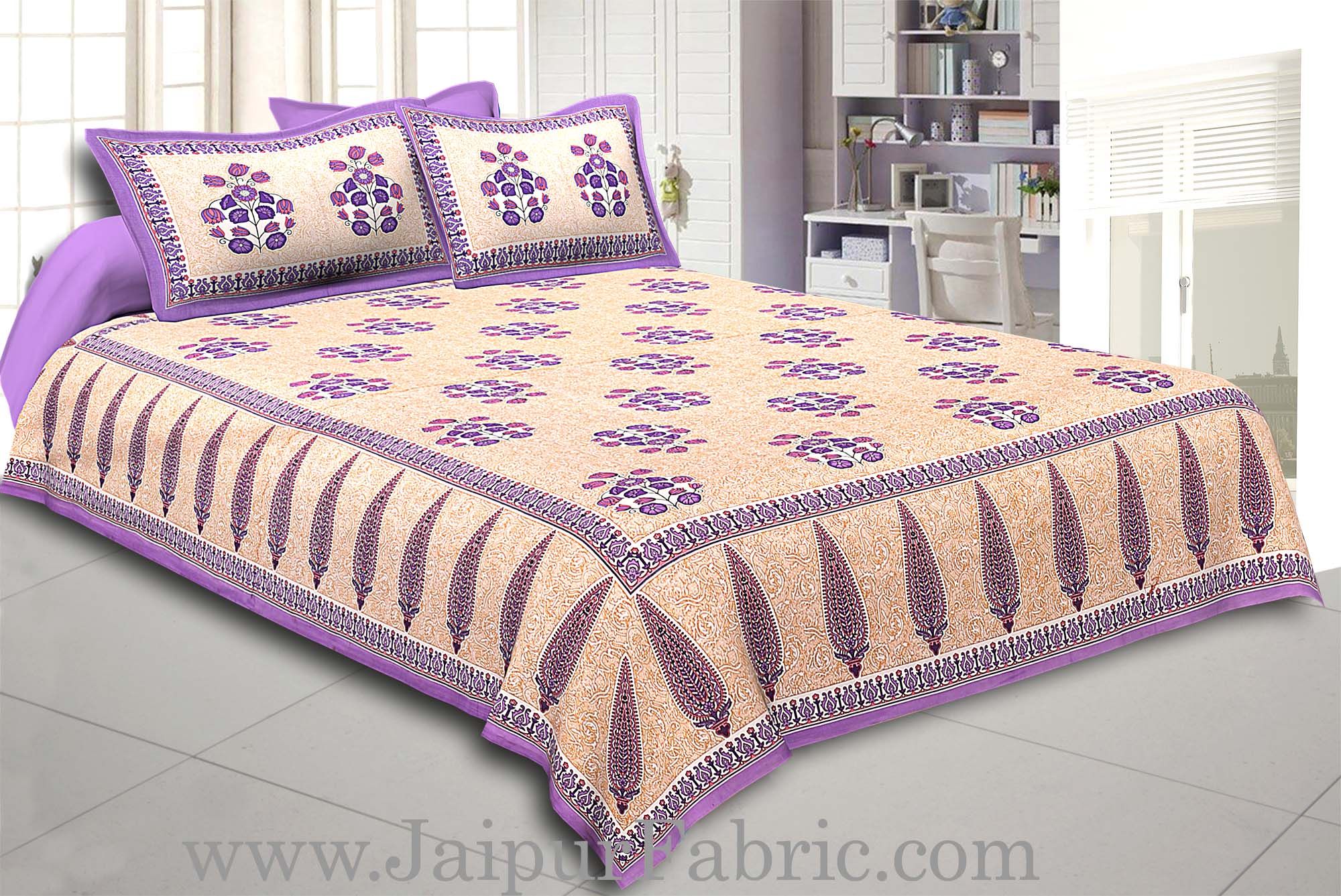 Purple Border long leaf cream base with purple flower bunch pattern cotton double bedsheet