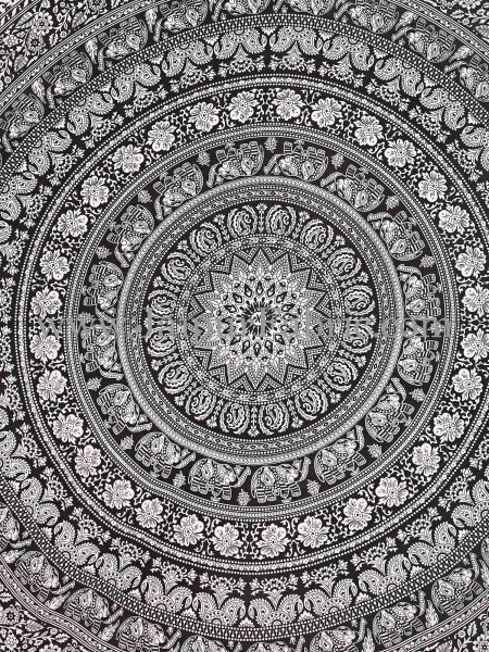 Black and White Tapestry with concentric circle mandala design wall hanging and beach throw 95x85
