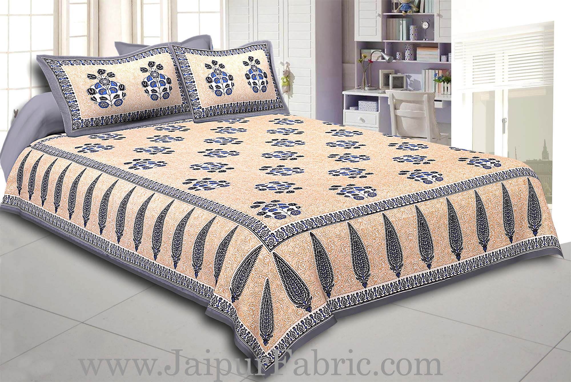 Grey Border long leaf cream base with grey flower bunch pattern cotton double bedsheet