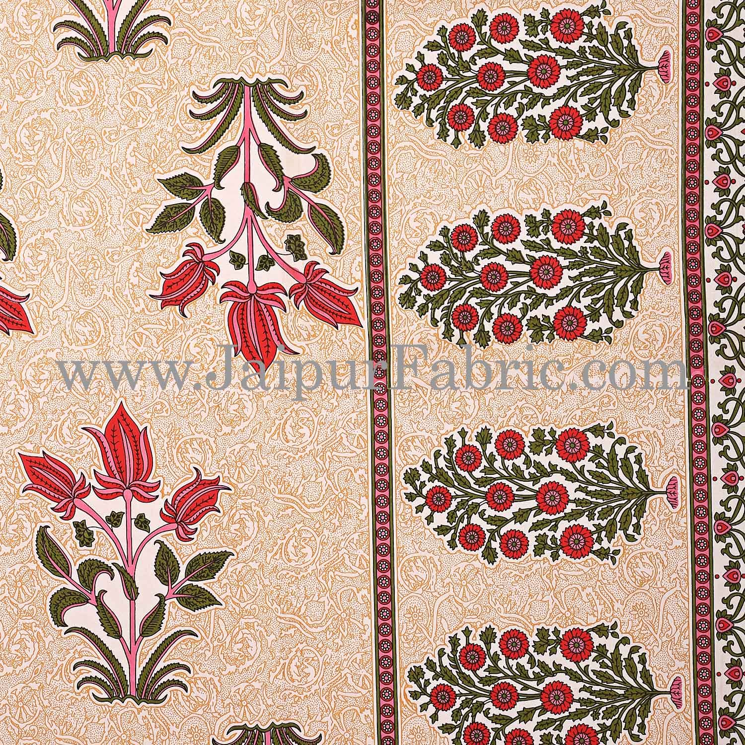 Red Border with Bail and Gamla cream base bud and leaf print cotton double bedsheet