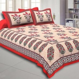 Red Border with Bail and Gamla cream base bud and leaf print cotton double bedsheet