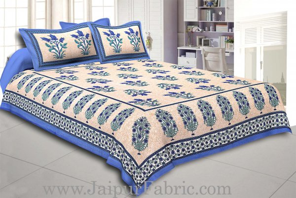 Blue Border with Bail and Gamla cream base bud and leaf print cotton double bedsheet