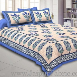 Blue Border with Bail and Gamla cream base bud and leaf print cotton double bedsheet