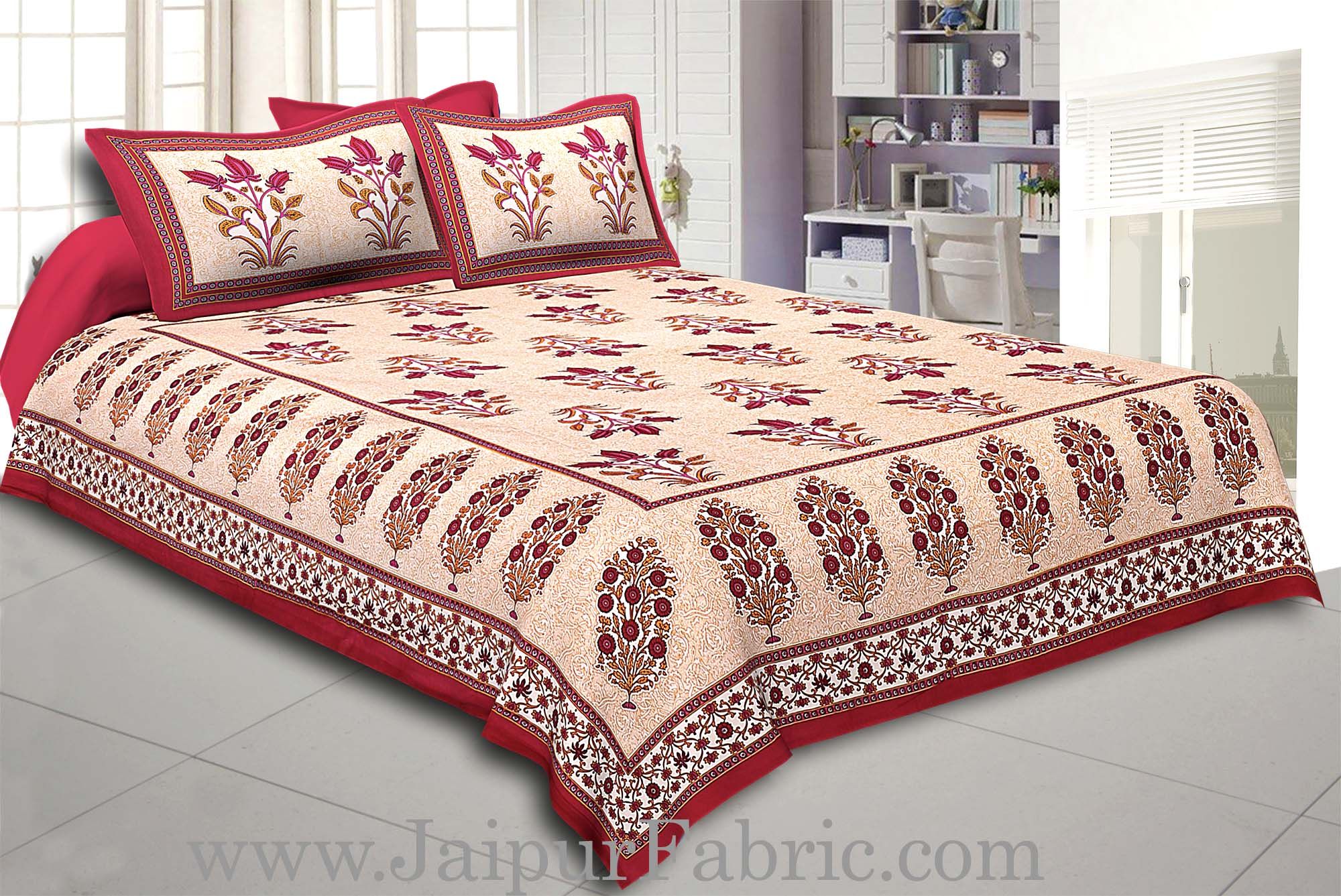Maroon Border with Bail and Gamla cream base bud and leaf print cotton double bedsheet