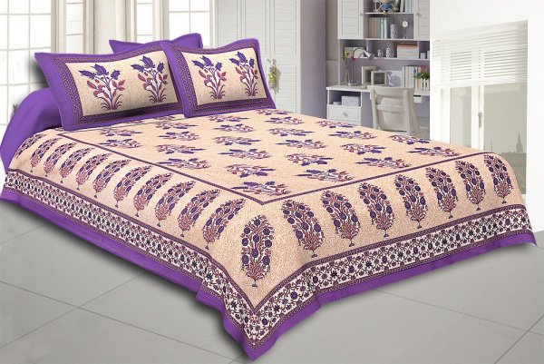 Purple Border with Bail and Gamla cream base bud and leaf print cotton double bedsheet
