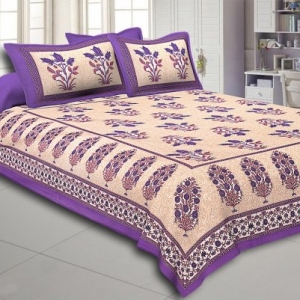 Purple Border with Bail and Gamla cream base bud and leaf print cotton double bedsheet