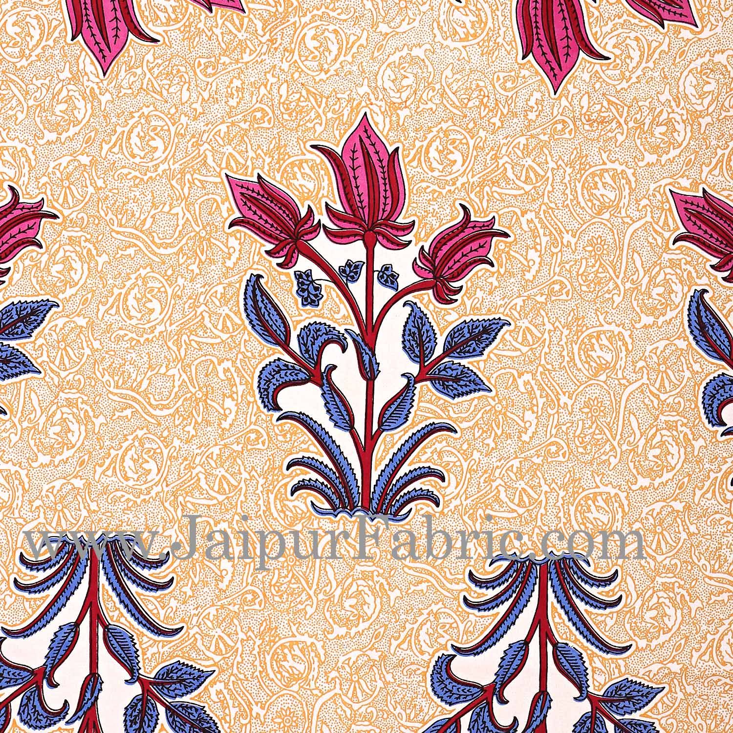 Dark Pink Border with Bail and Gamla cream base bud and leaf print cotton double bedsheet