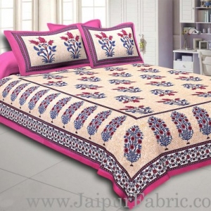 Dark Pink Border with Bail and Gamla cream base bud and leaf print cotton double bedsheet