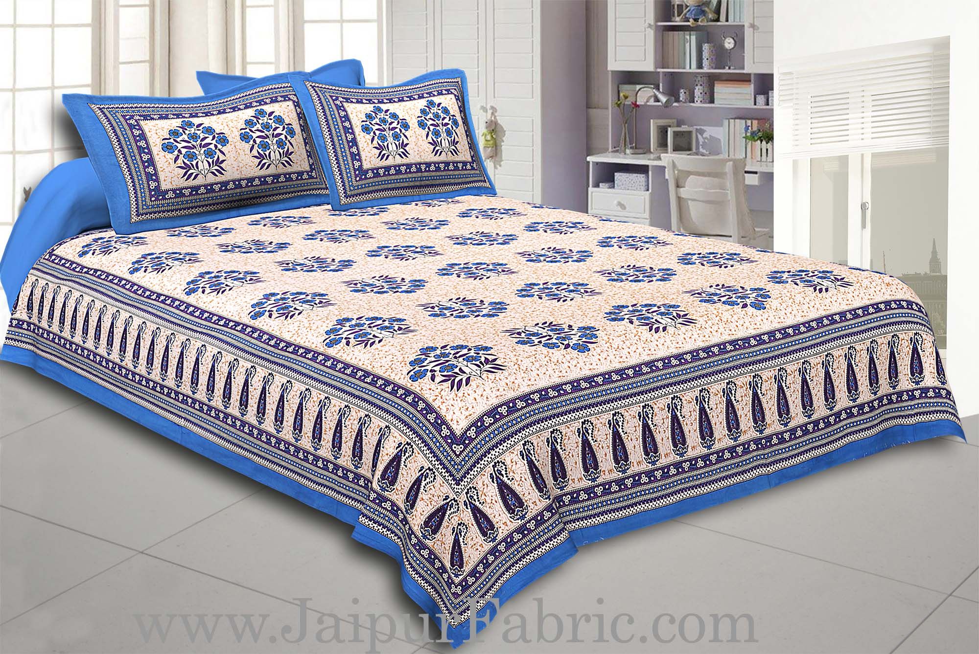 Blue Border with long paan print cotton double bedsheet