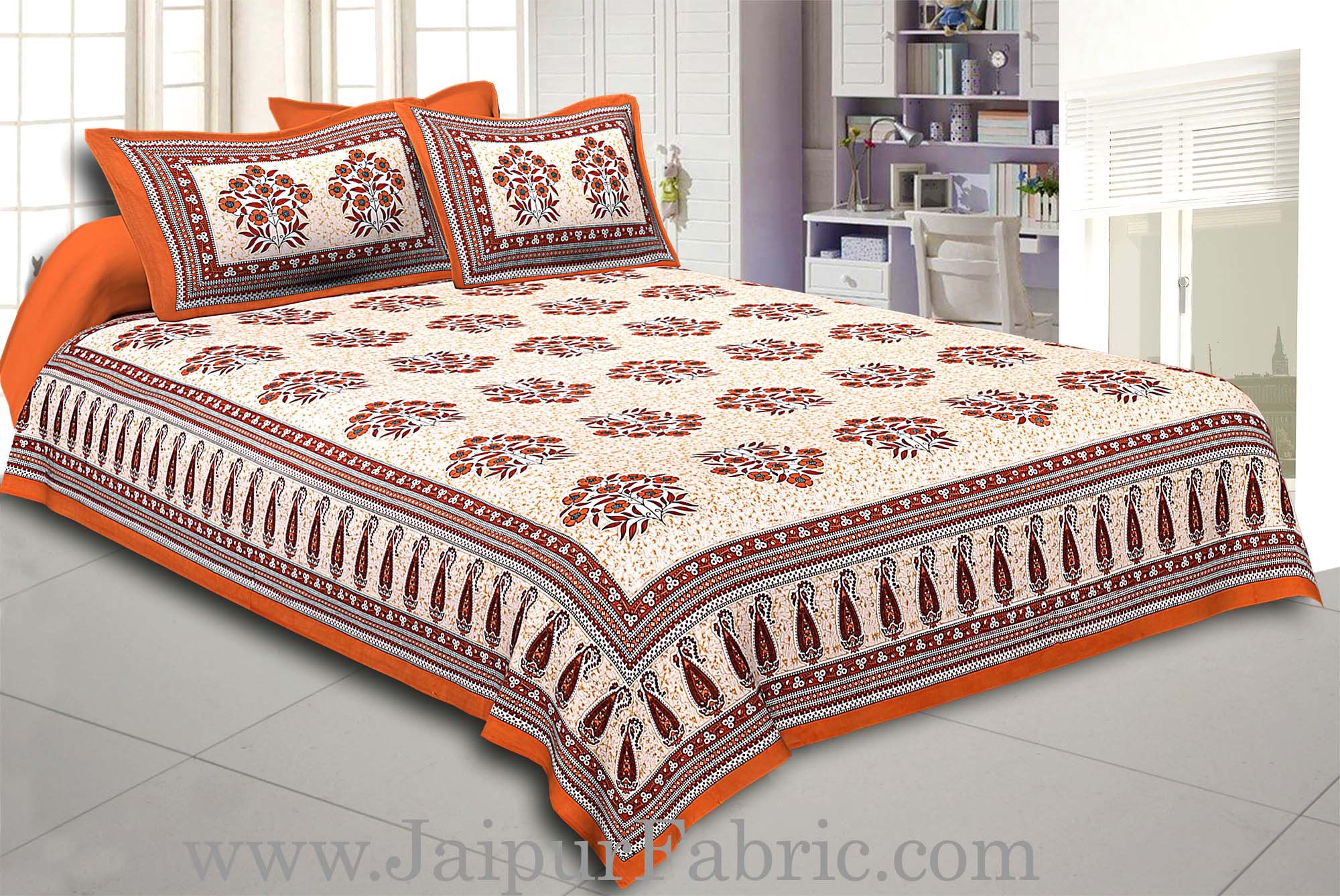 Brown Border with long paan print cotton double bedsheet