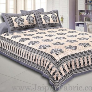 Grey Border with long paan print cotton double bedsheet