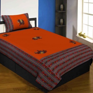 Applique Orange Elephant Jaipuri  Hand Made Embroidery Patch Work Single Bedsheet