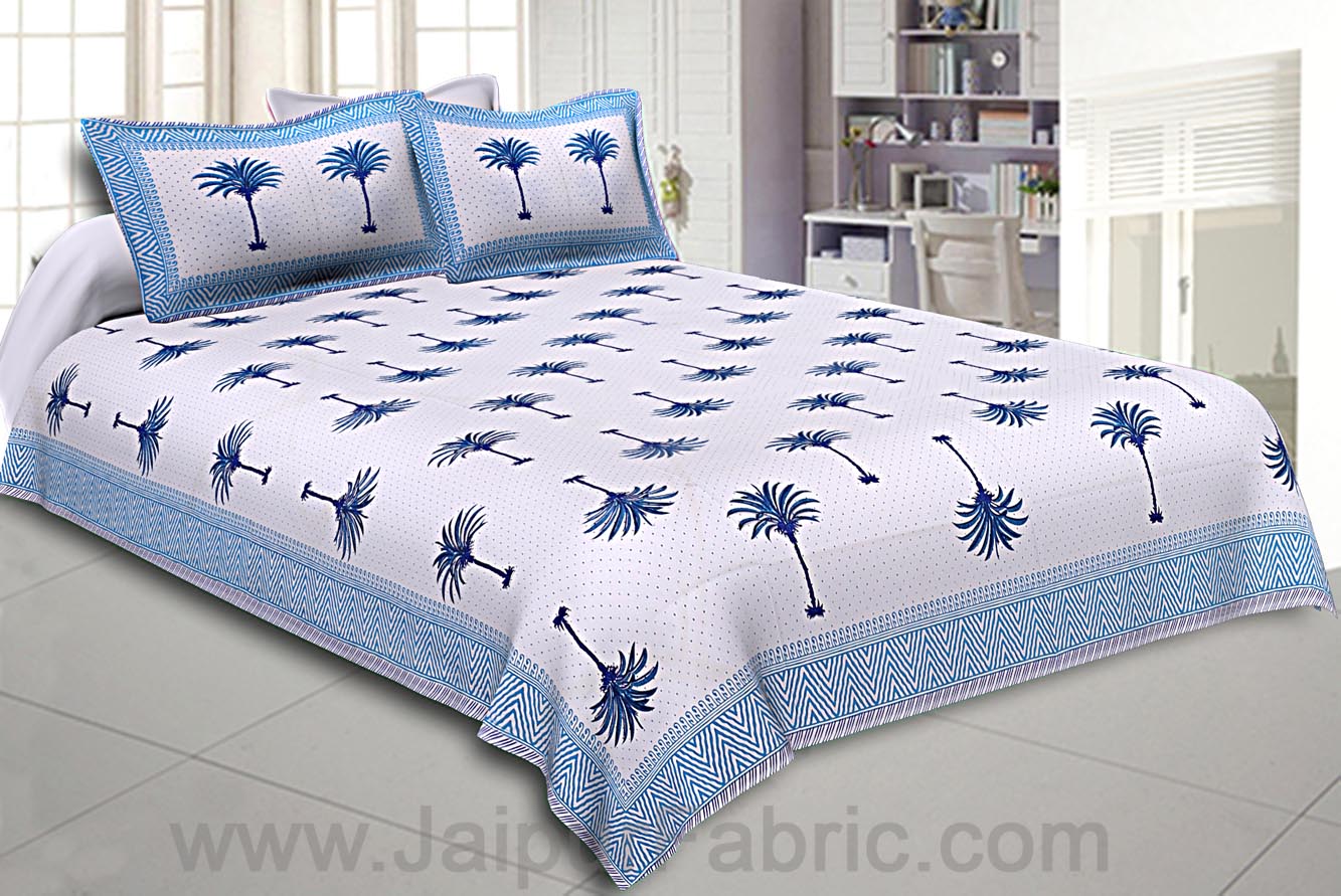 Double Bedsheet Fine Cotton Sky Blue Palm Polka