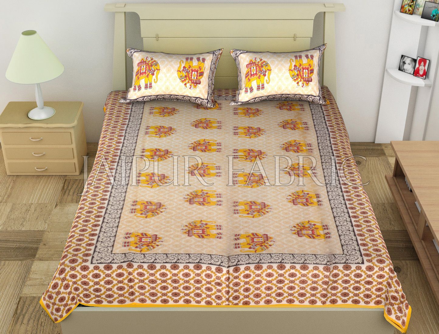 Yellow Big Size Elephant Printed Cotton Single Bed Sheet